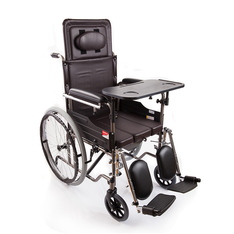 鱼跃yuwell H059B 手动轮椅车 （半躺护理型） 半躺型带坐便器椅餐板钢管加固 手动折叠老人轮椅车